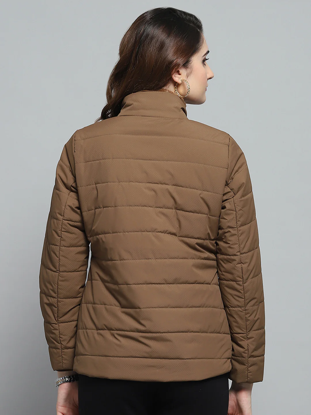 Women Brown Self Design Mock Neck Full Sleeve Jacket - Image 5