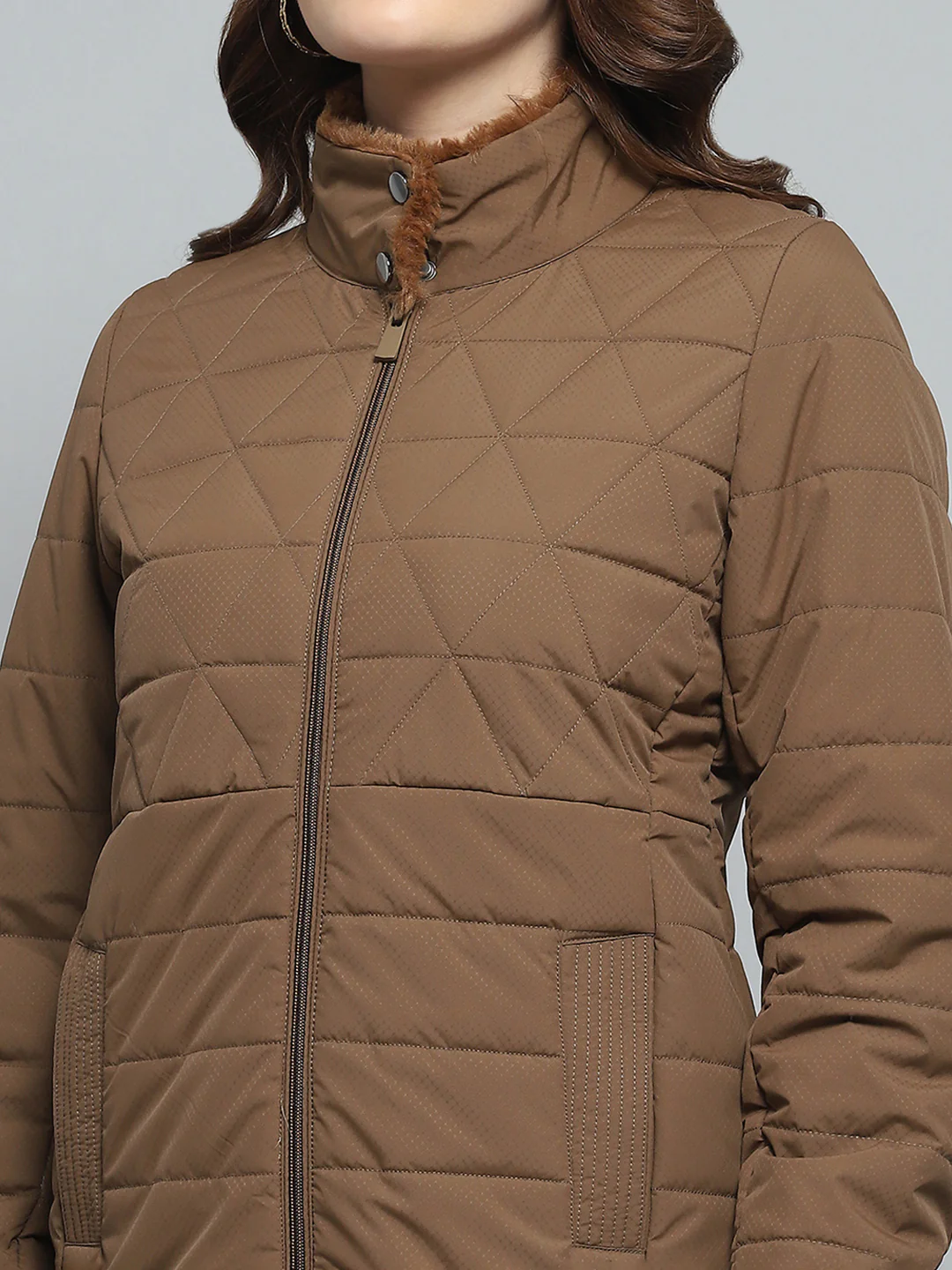 Women Brown Self Design Mock Neck Full Sleeve Jacket - Image 6