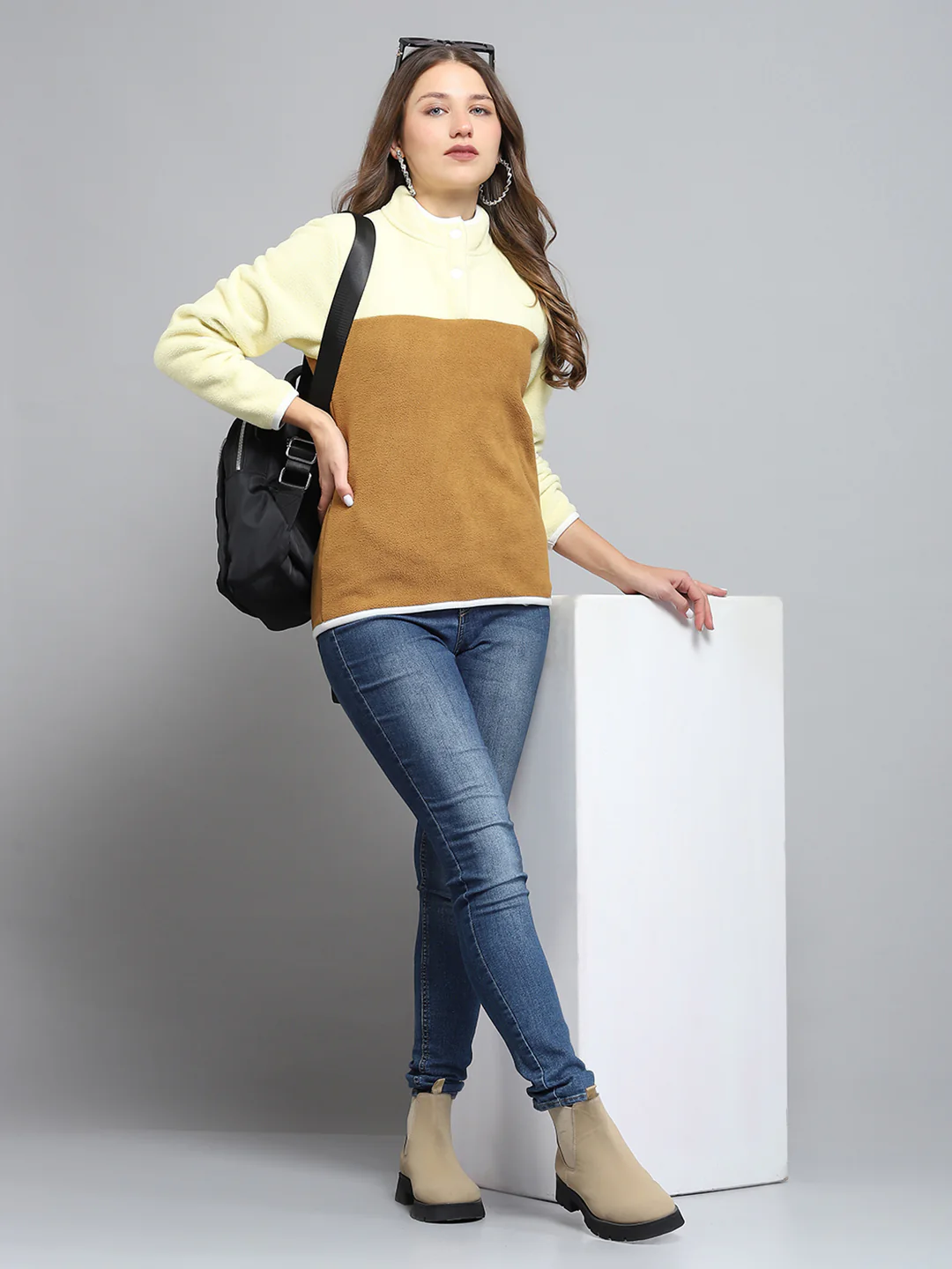 Rock.it Women Brown Self Design Mock Neck Full Sleeve Sweatshirt - Image 2