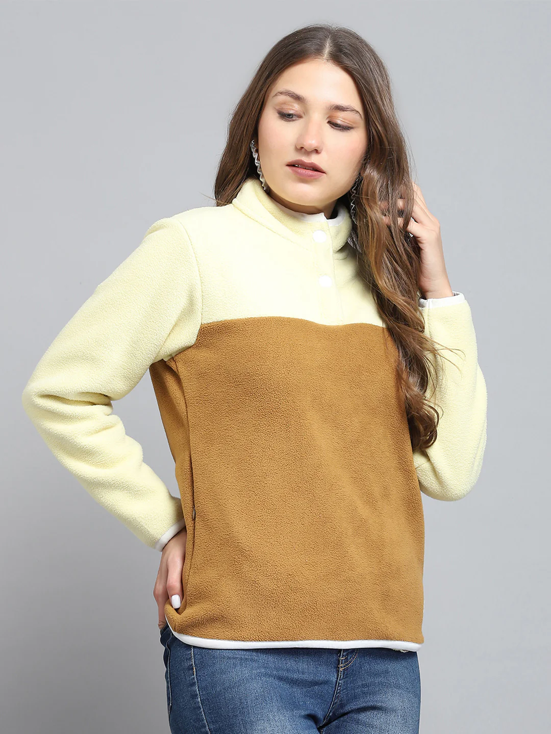 Rock.it Women Brown Self Design Mock Neck Full Sleeve Sweatshirt - Image 4
