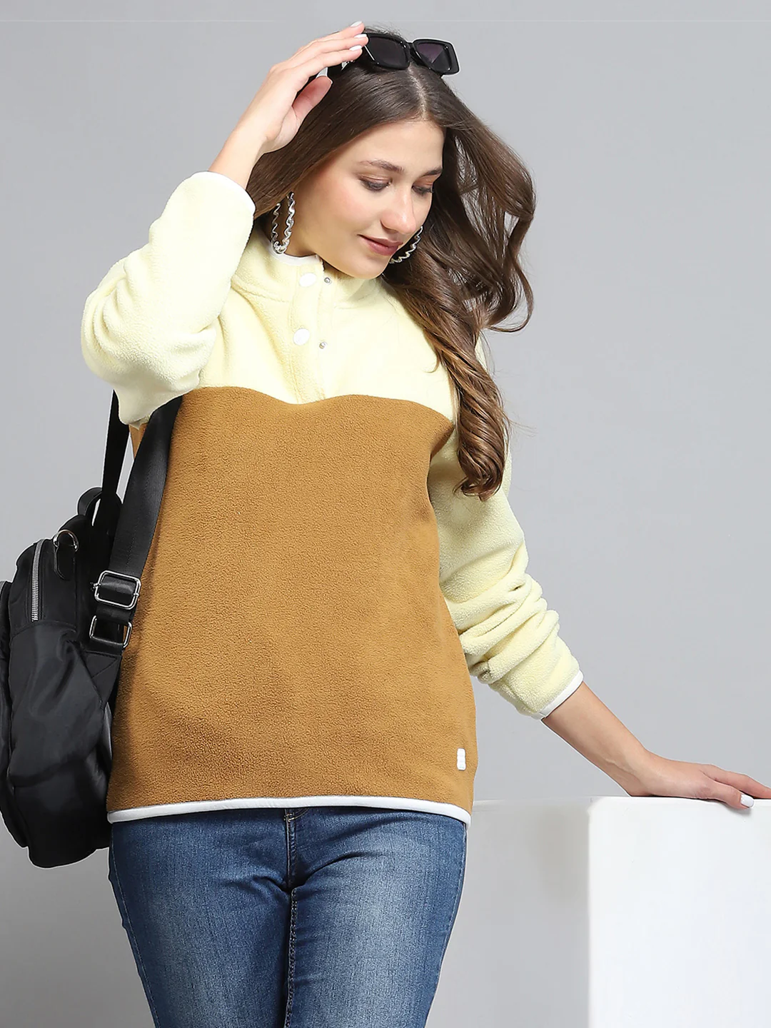 Rock.it Women Brown Self Design Mock Neck Full Sleeve Sweatshirt - Image 6