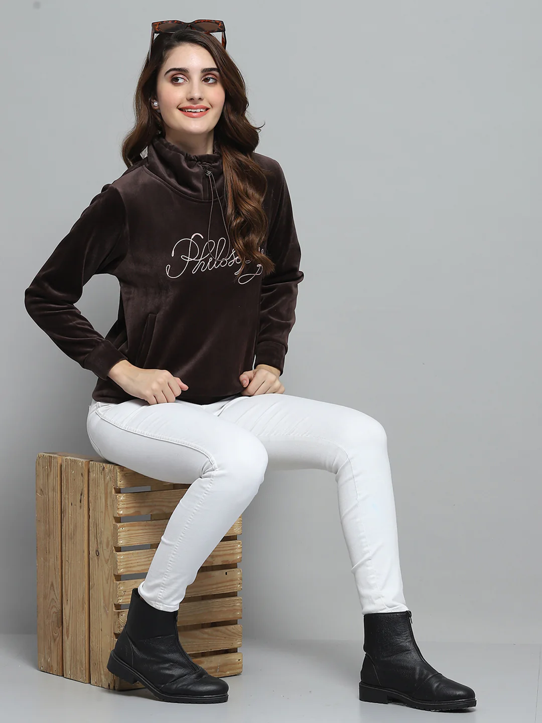 Women Brown Self Design Mock Neck Full Sleeve Sweatshirt - Image 2
