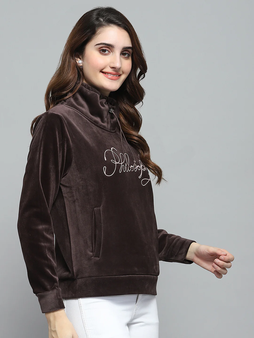 Women Brown Self Design Mock Neck Full Sleeve Sweatshirt - Image 4