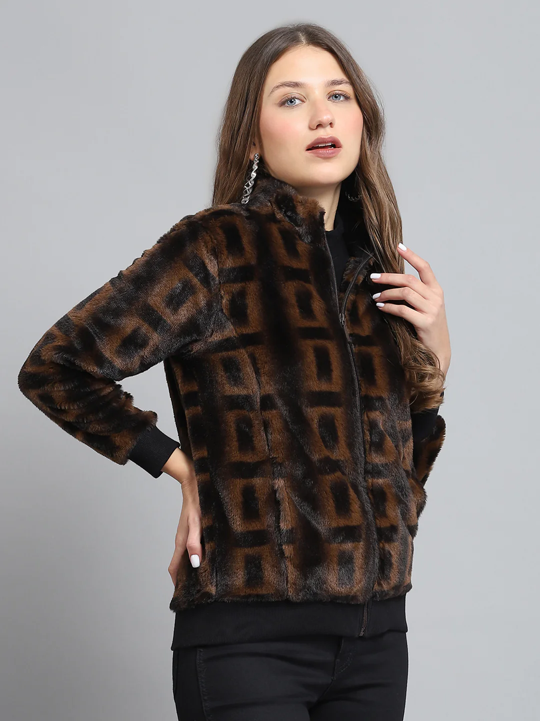 Women Brown Self Design Mock Neck Full Sleeve Sweatshirt - Image 4