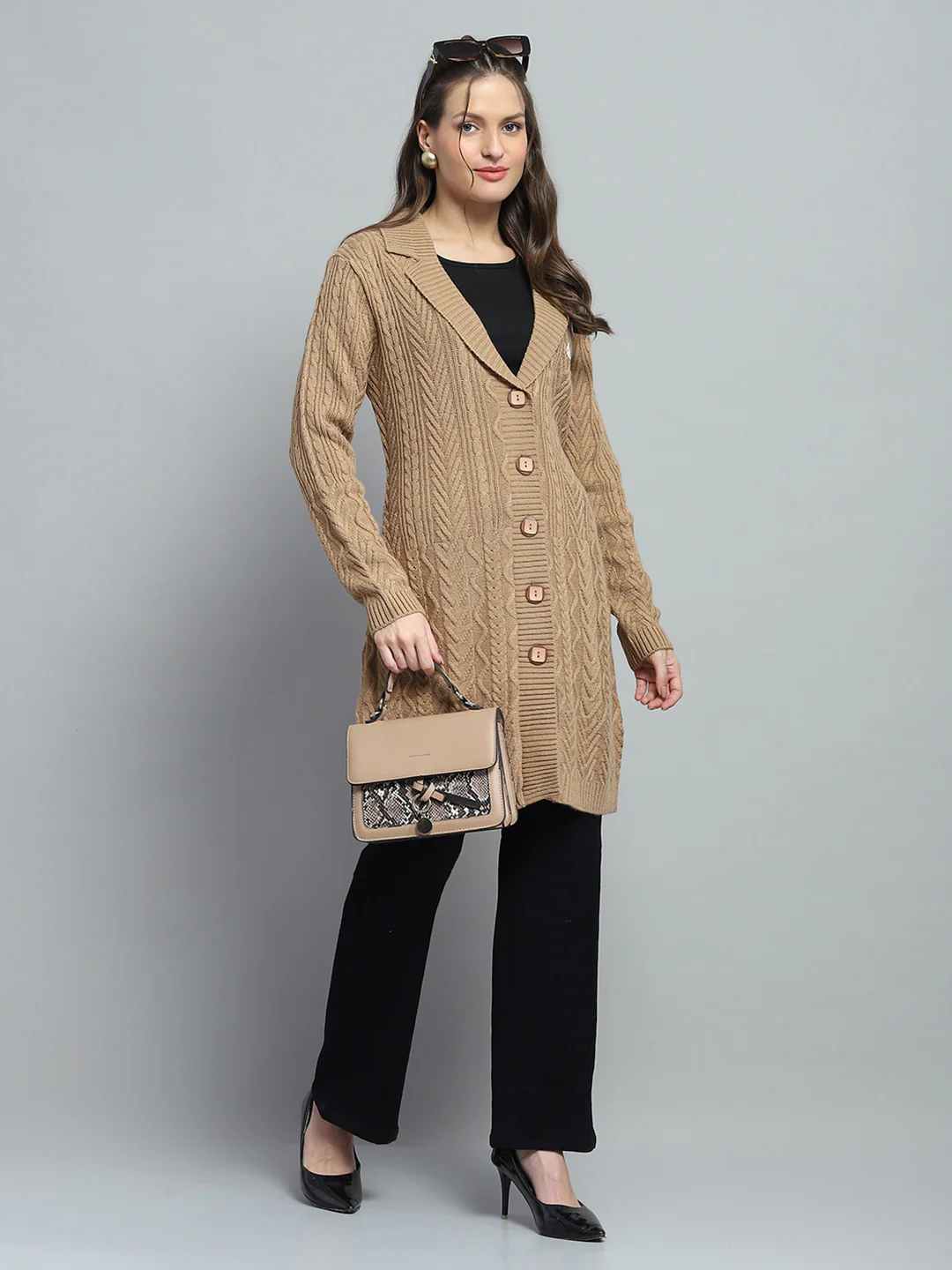 Women Brown Self Design Notch Lapel Collar Full Sleeve Cardigan - Image 2