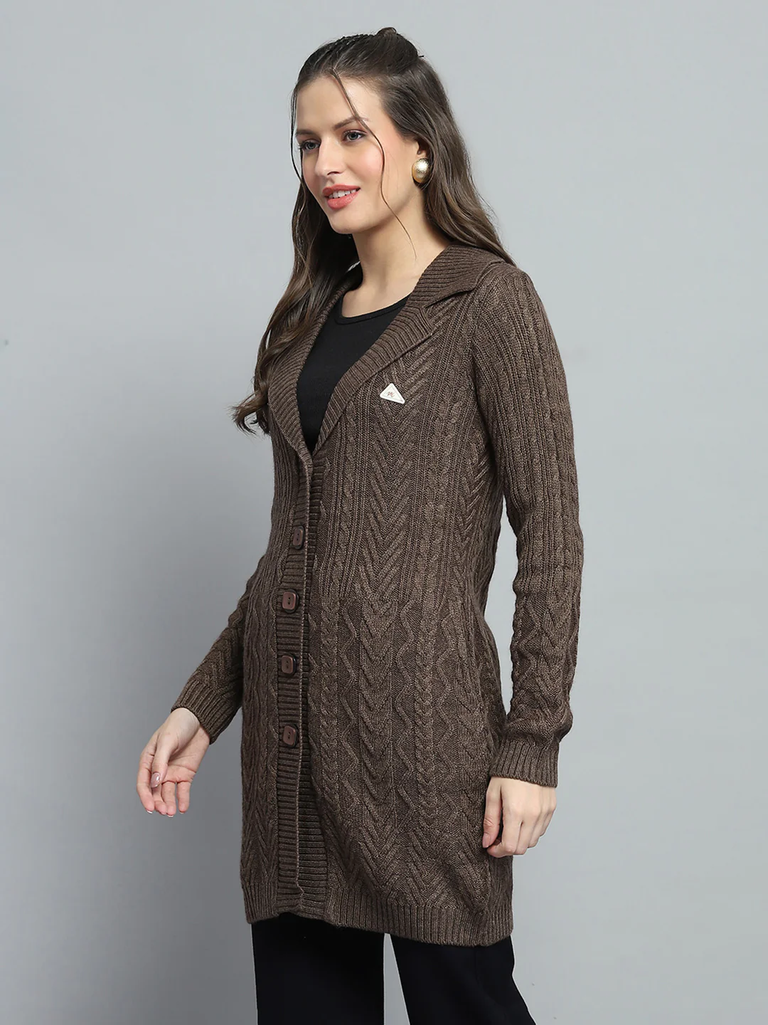 Women Brown Self Design Notch Lapel Collar Full Sleeve Cardigan - Image 3