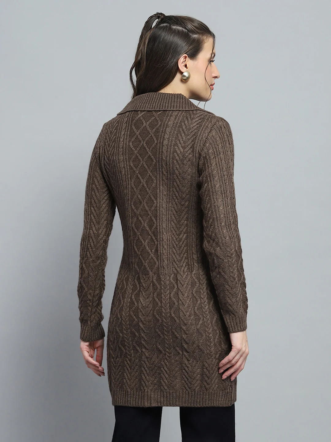 Women Brown Self Design Notch Lapel Collar Full Sleeve Cardigan - Image 5