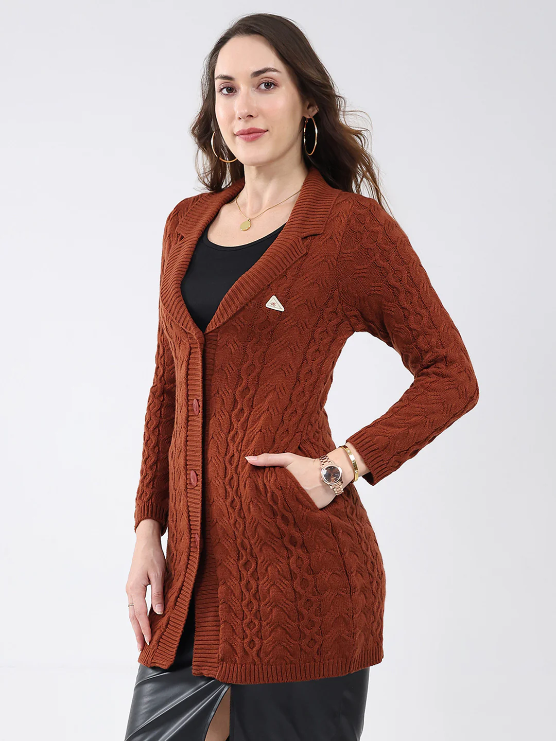 Women Brown Self Design Notch Lapel Collar Full Sleeve Cardigan - Image 3
