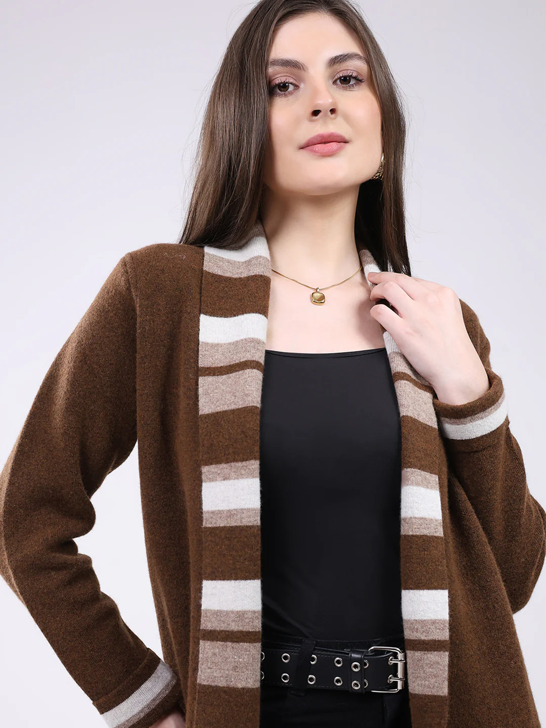 Women Brown Self Design Notch Lapel Collar Full Sleeve Cardigan - Image 7