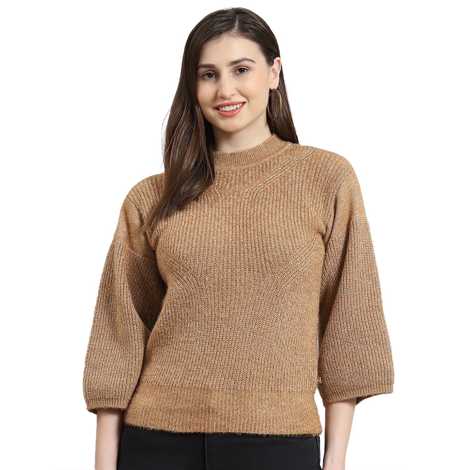 Women Brown Self Design Round Neck 3/4th Sleeve Sweater - Image 5
