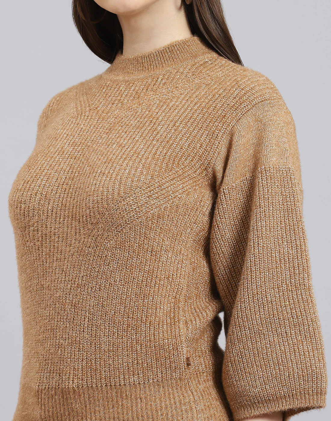 Women Brown Self Design Round Neck 3/4th Sleeve Sweater - Image 7