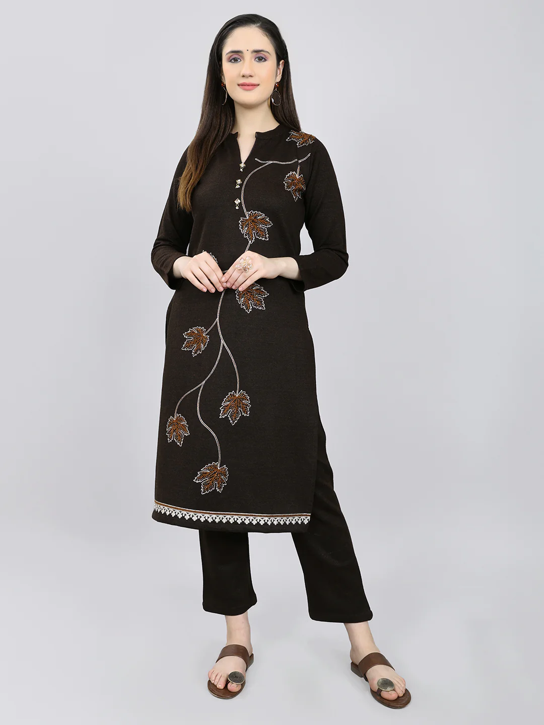 Women Brown Self Design Round Neck Full Sleeve 3 Pc Kurtis Set for Winter - Image 5