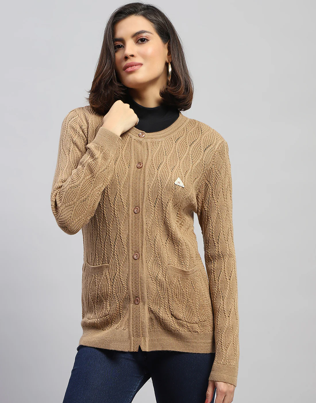 Women Brown Self Design Round Neck Full Sleeve Cardigan - Image 2