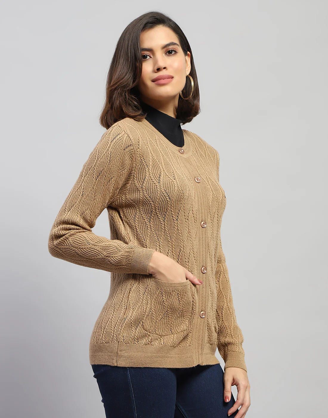 Women Brown Self Design Round Neck Full Sleeve Cardigan - Image 4