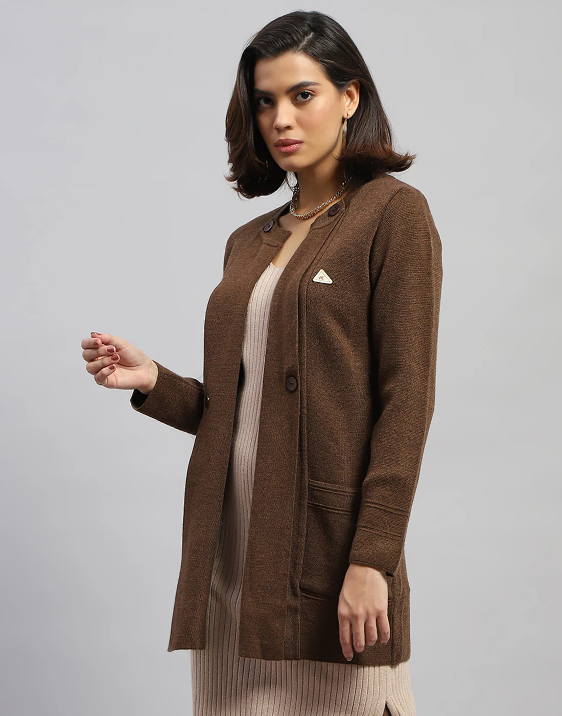 Women Brown Self Design Round Neck Full Sleeve Cardigan - Image 3