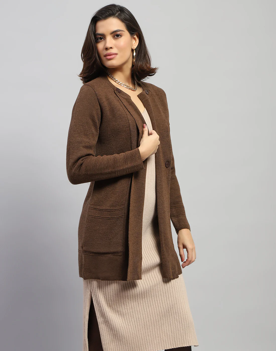 Women Brown Self Design Round Neck Full Sleeve Cardigan - Image 6