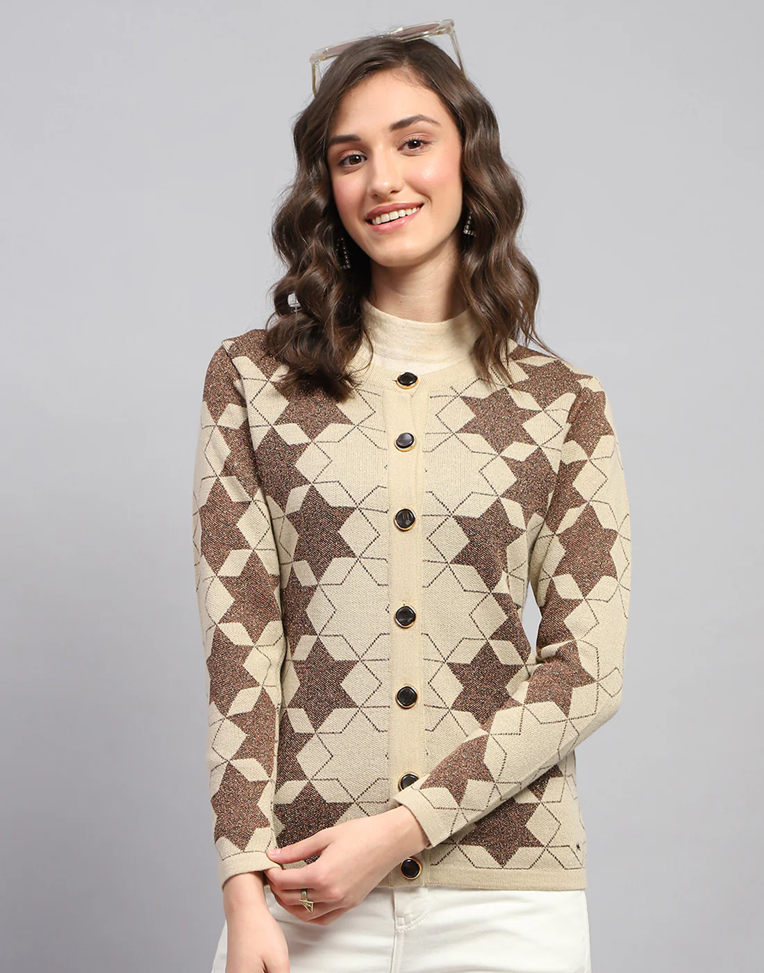 Women Brown Self Design Round Neck Full Sleeve Cardigan - Image 2