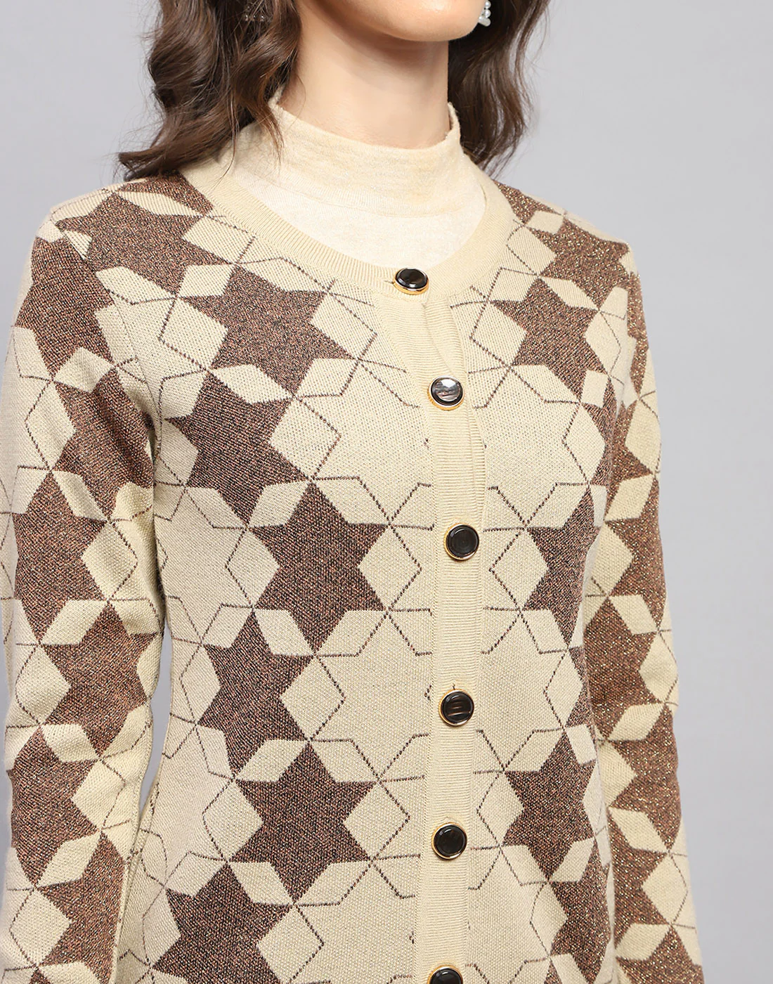 Women Brown Self Design Round Neck Full Sleeve Cardigan - Image 6