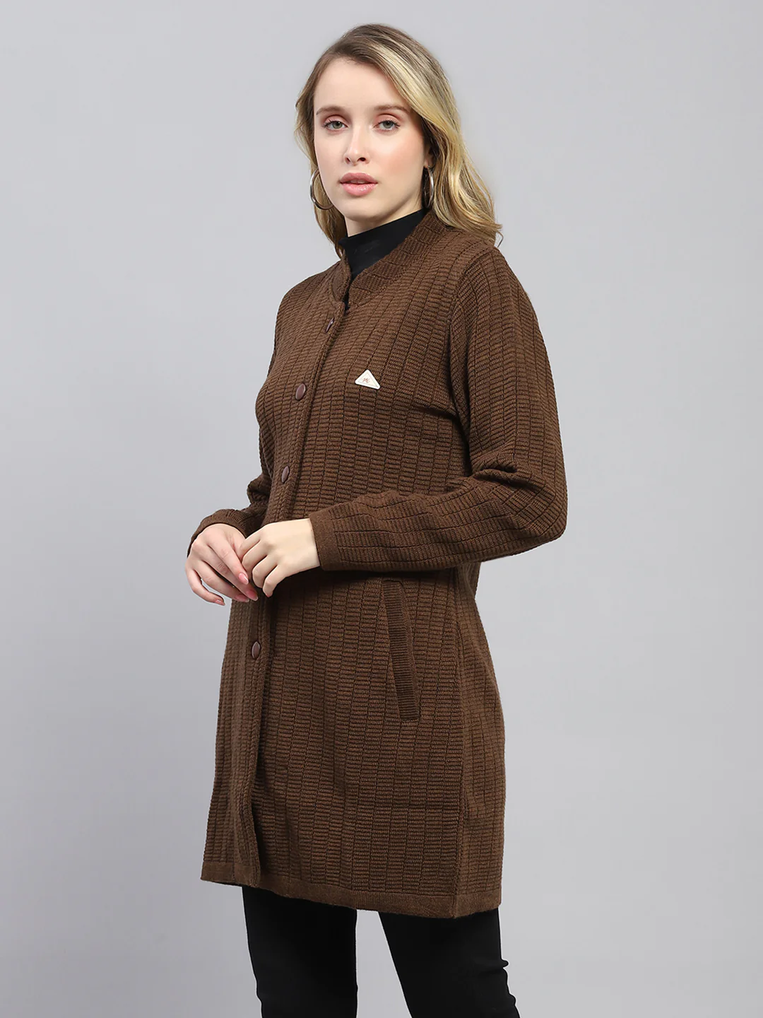 Women Brown Self Design Round Neck Full Sleeve Knitted Coat - Image 3