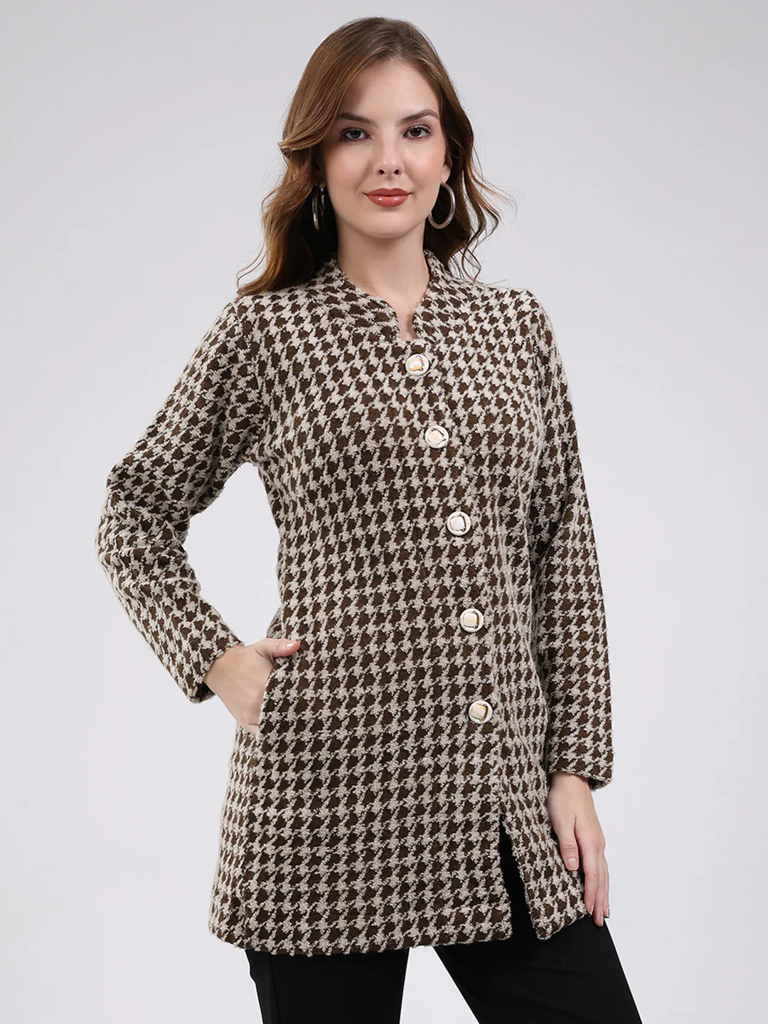 Women Brown Self Design Round Neck Full Sleeve Knitted Coat - Image 4