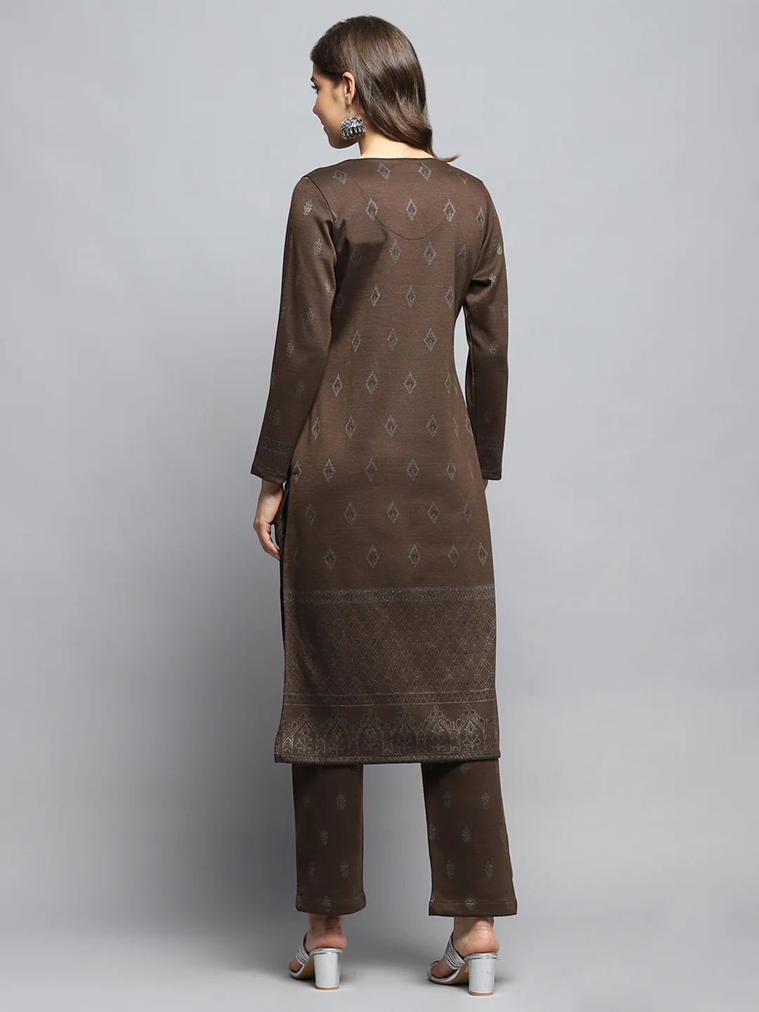 Women Brown Self Design Round Neck Full Sleeve Kurti Set - Image 2