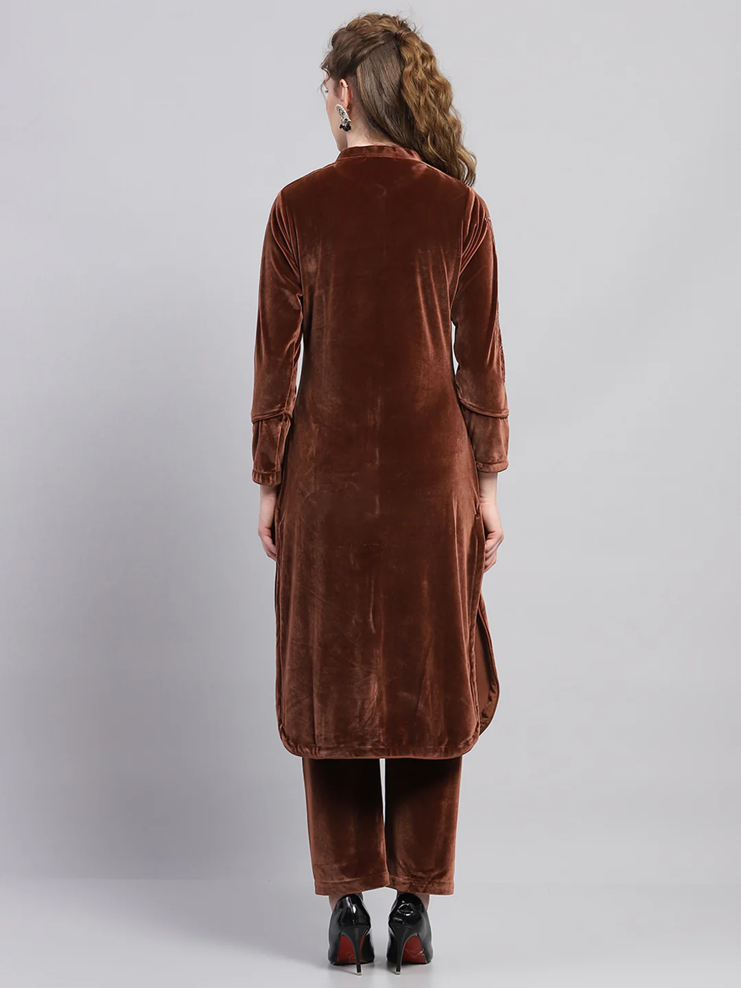 Women Brown Self Design Round Neck Full Sleeve Kurti Set - Image 3