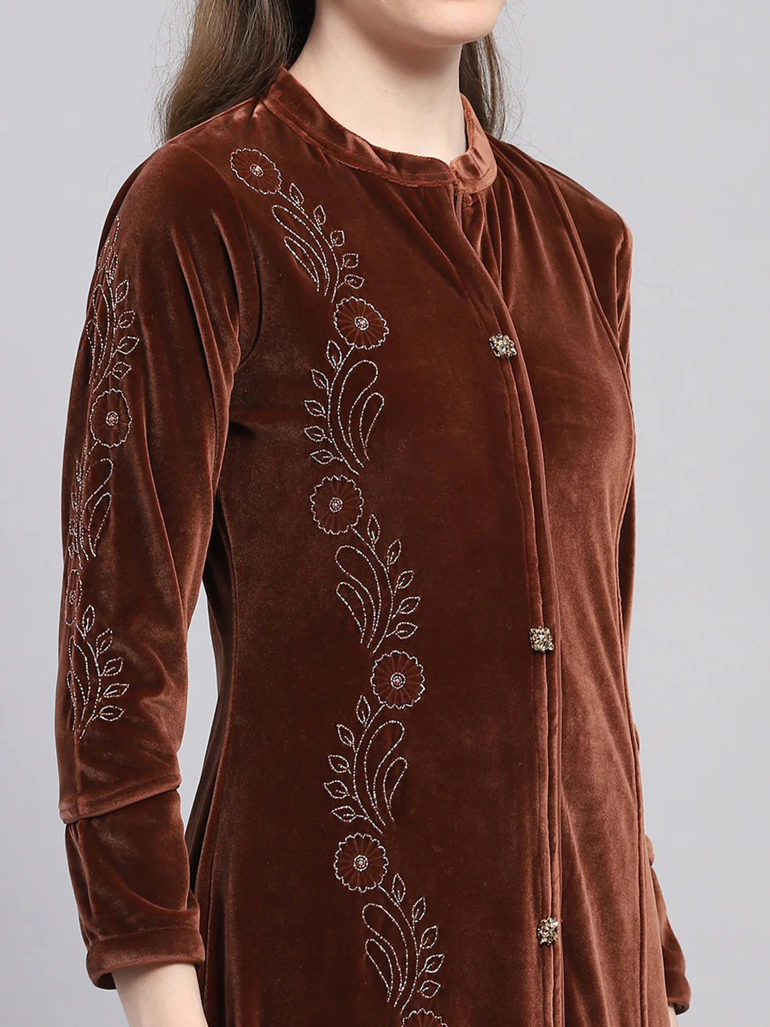 Women Brown Self Design Round Neck Full Sleeve Kurti Set - Image 6
