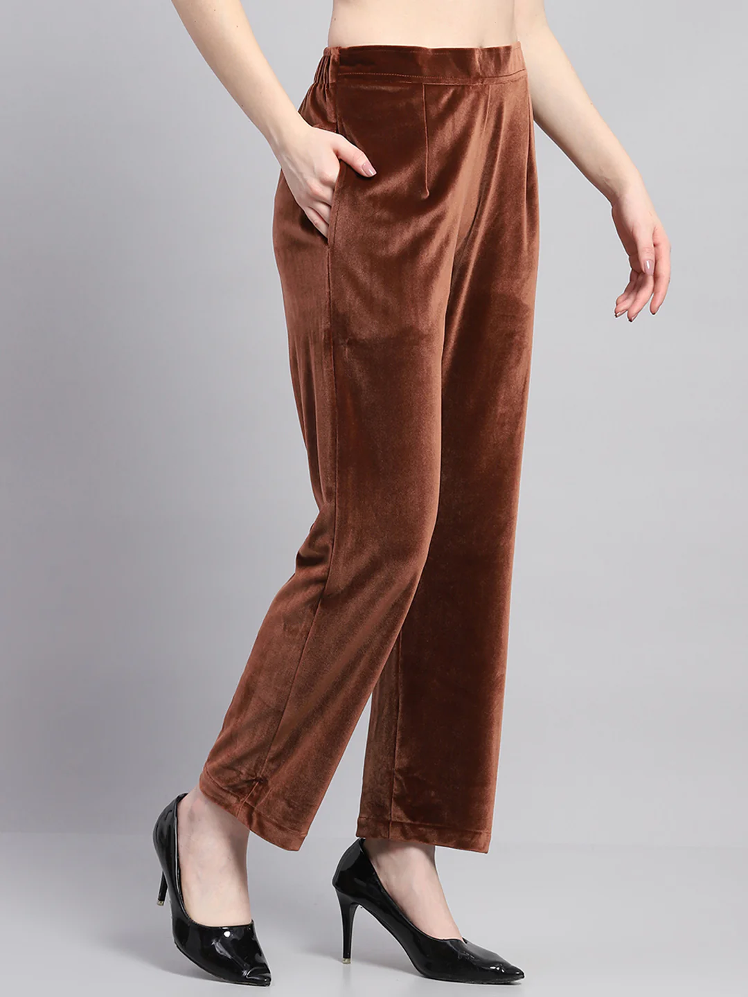 Women Brown Self Design Round Neck Full Sleeve Kurti Set - Image 7
