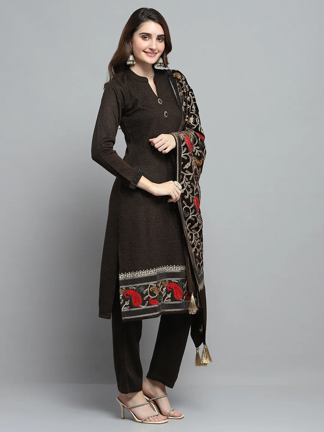 Women Brown Self Design Round Neck Full Sleeve Kurti Set & Stole - Image 6