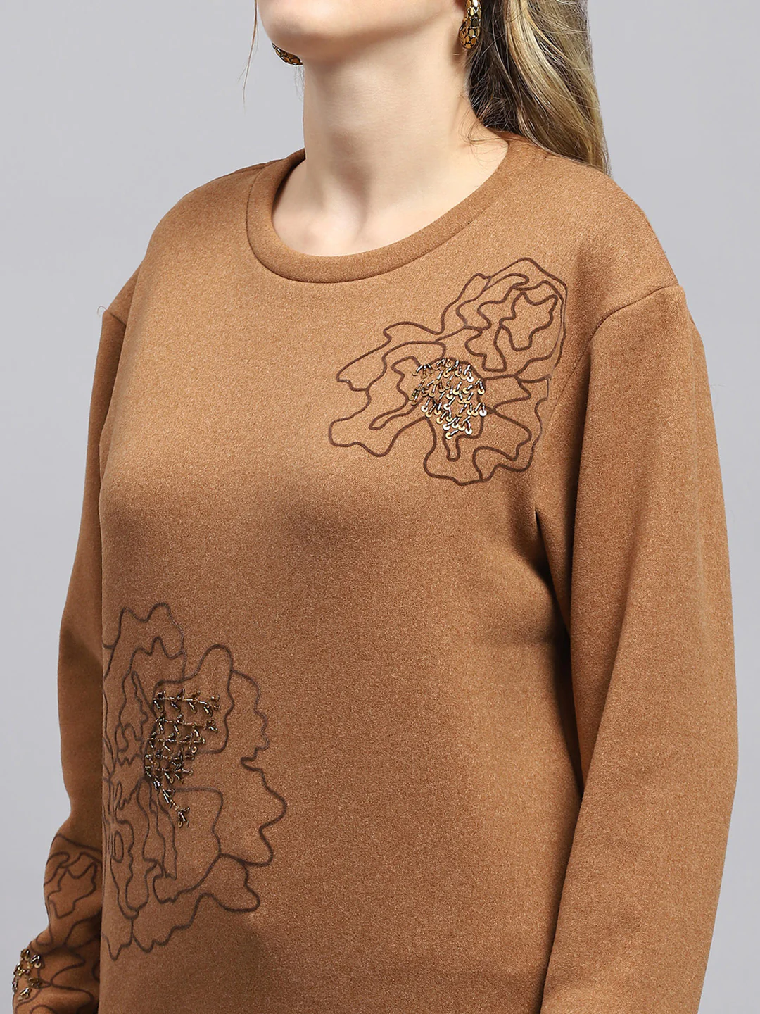 Women Brown Self Design Round Neck Full Sleeve Sweatshirt - Image 7