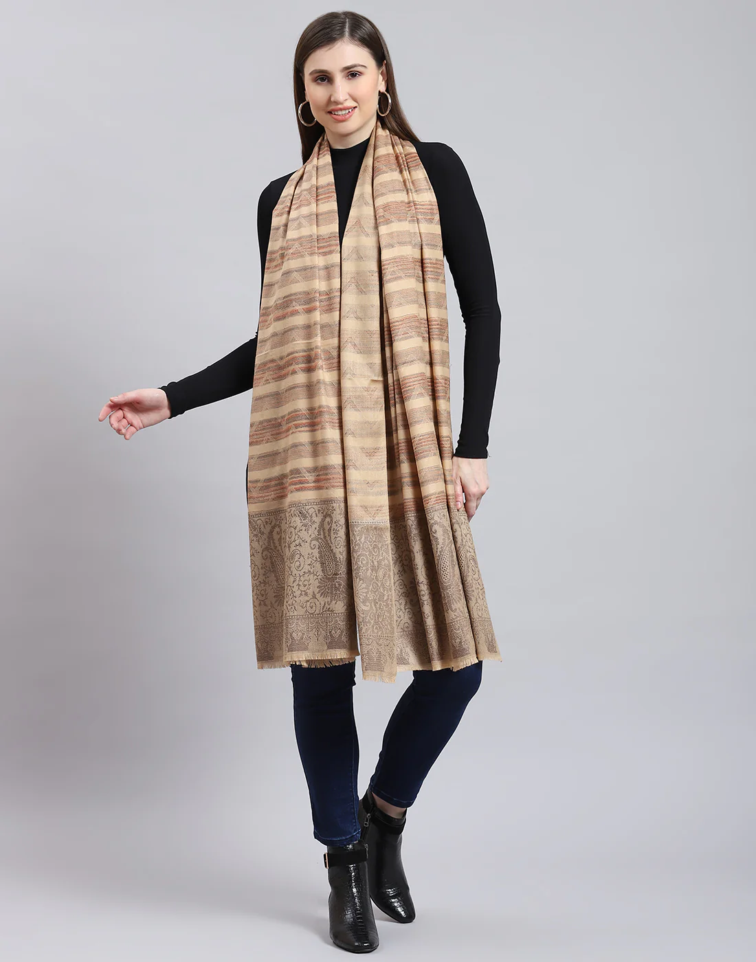 Women Brown Self Design Shawl - Image 2