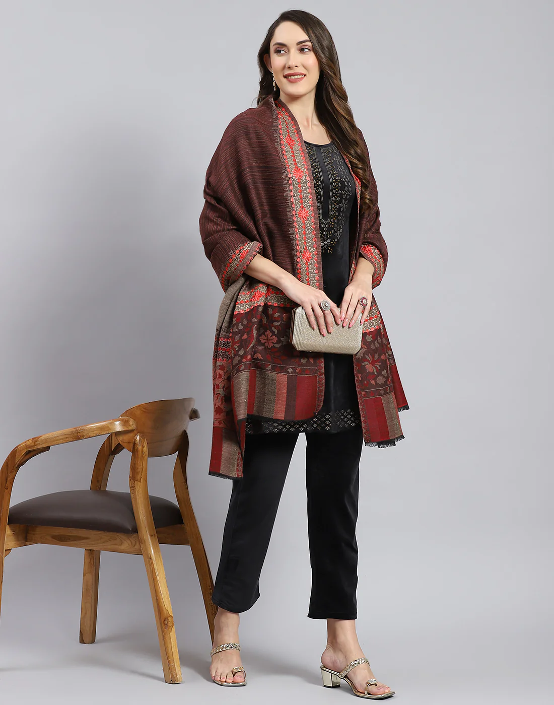 Women Brown Self Design Shawl - Image 2