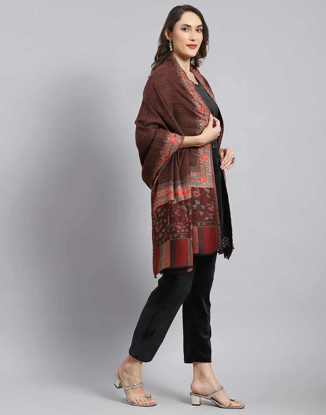 Women Brown Self Design Shawl - Image 5