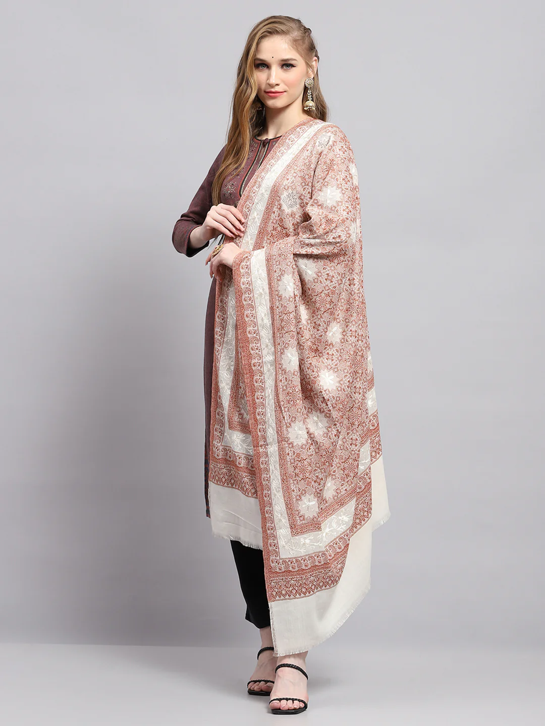 Women Brown Self Design Shawl - Image 3