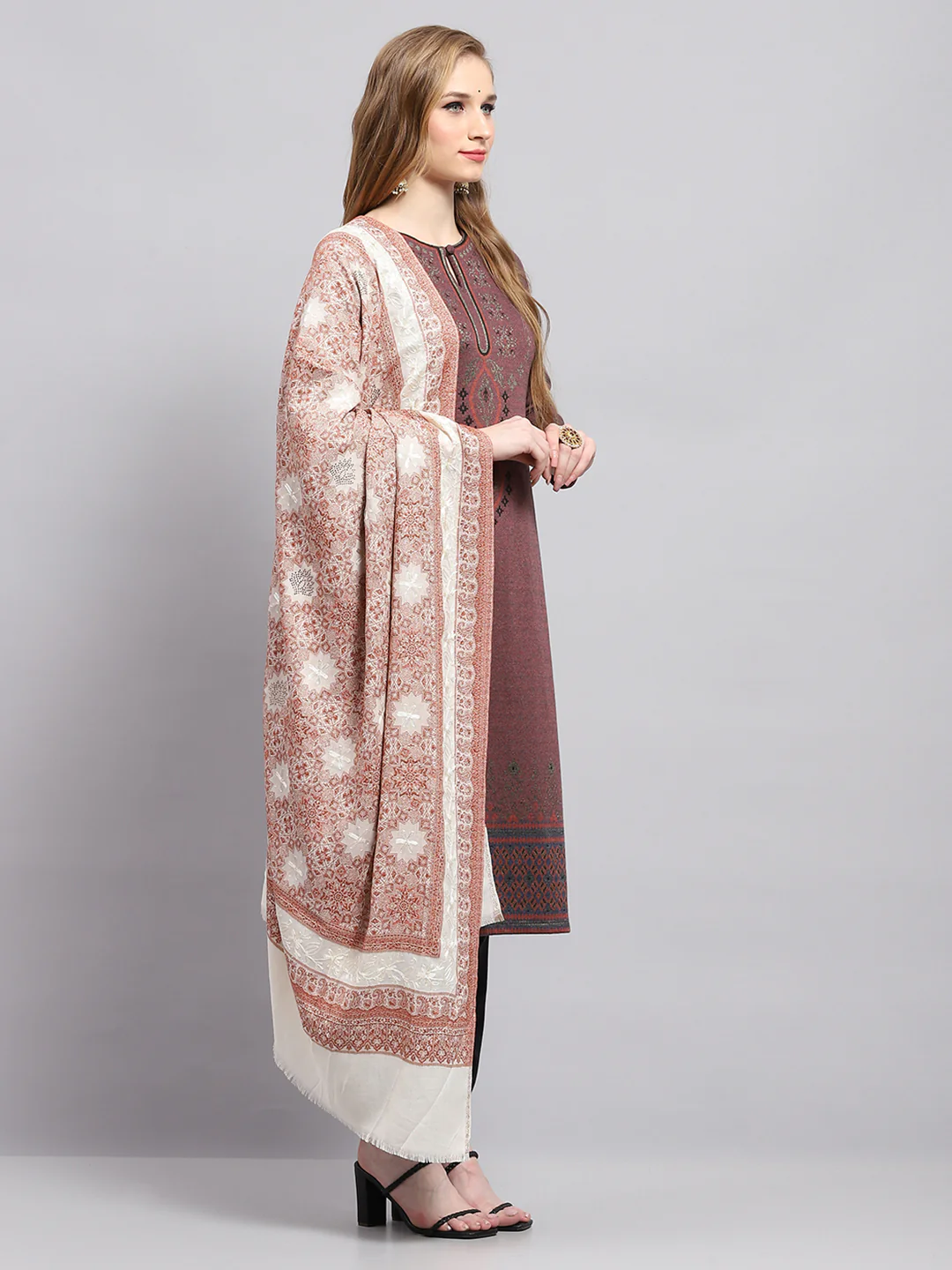 Women Brown Self Design Shawl - Image 4