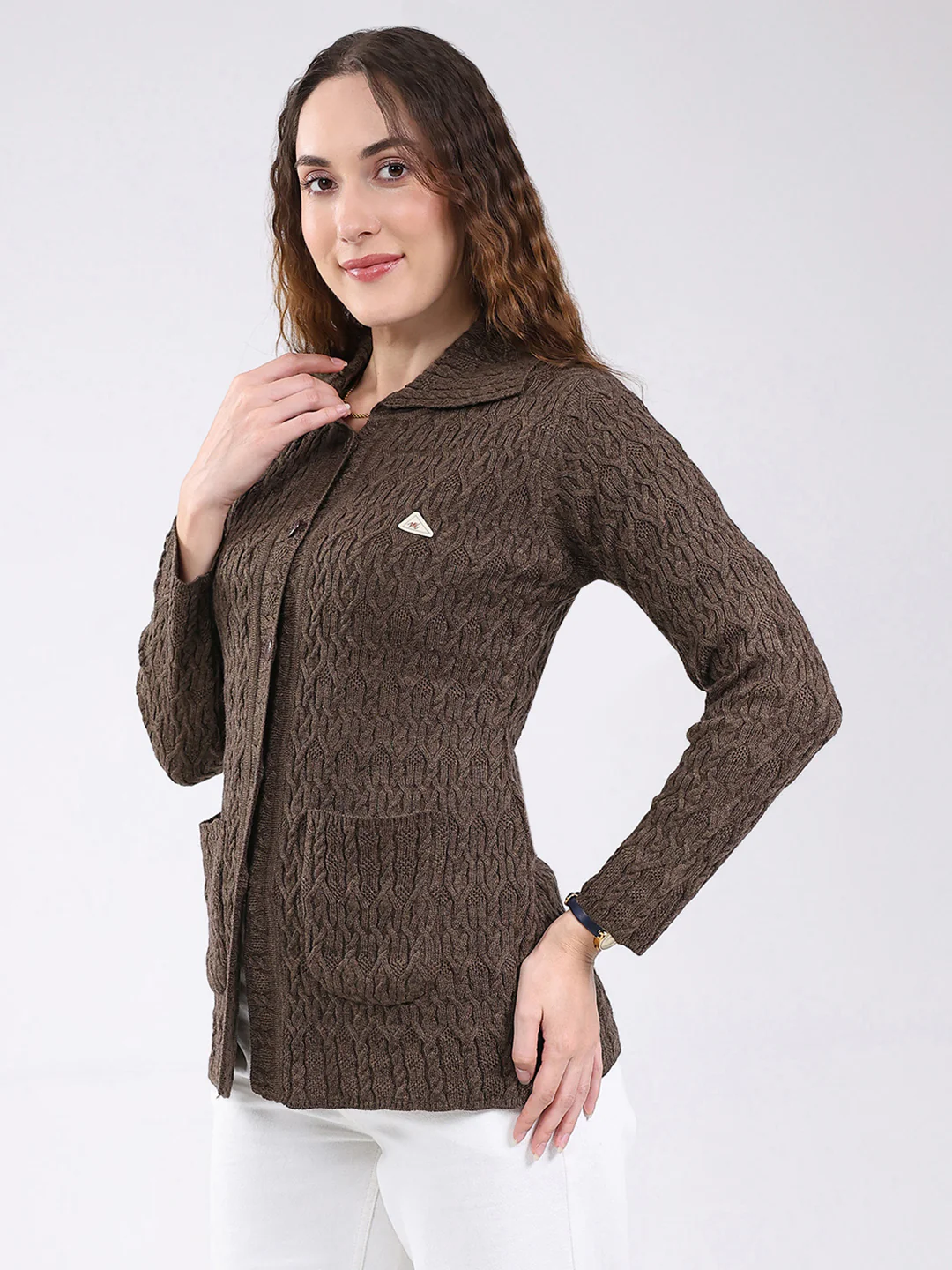 Women Brown Self Design Stand Collar Full Sleeve Cardigan - Image 3