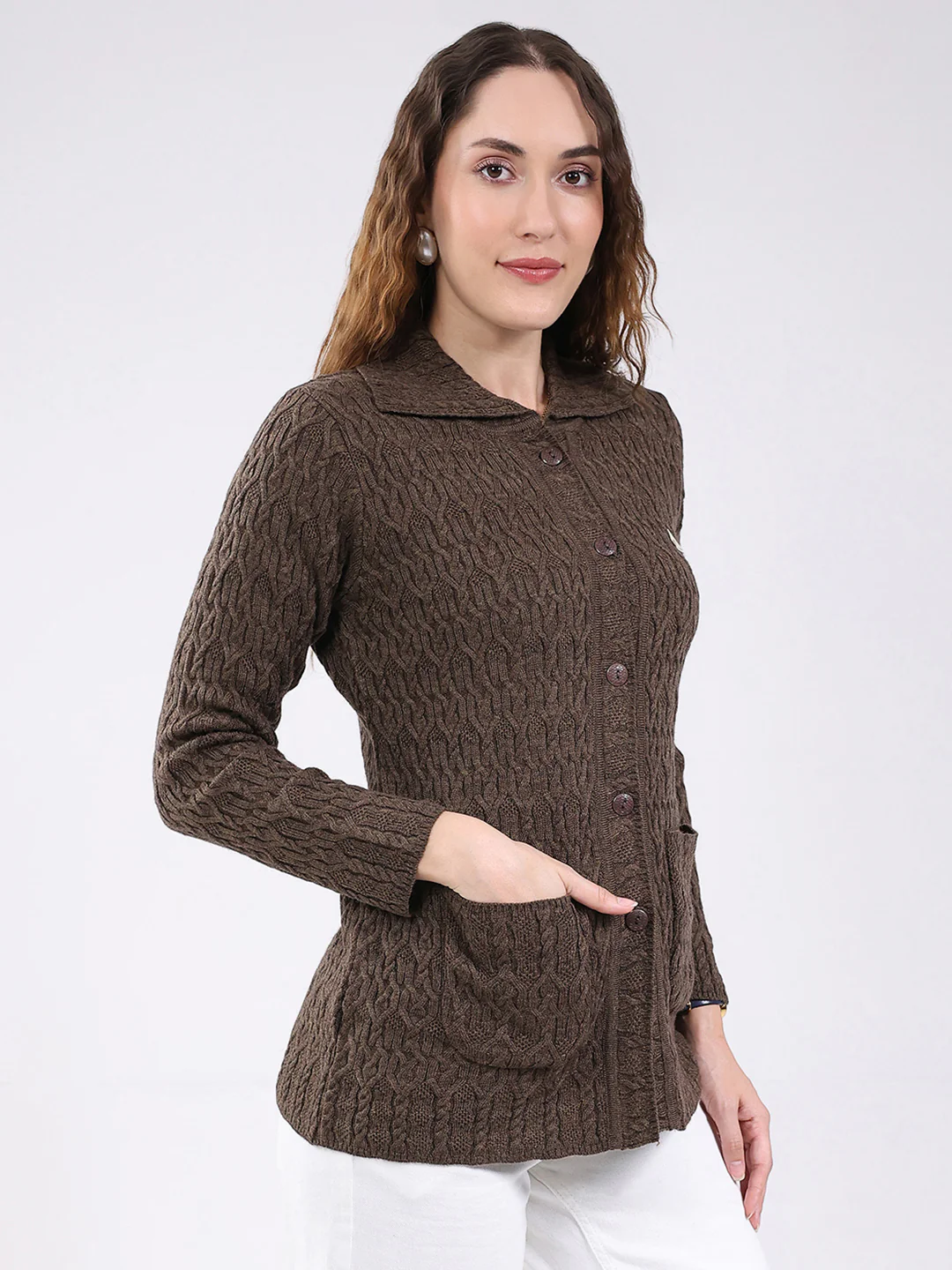Women Brown Self Design Stand Collar Full Sleeve Cardigan - Image 4