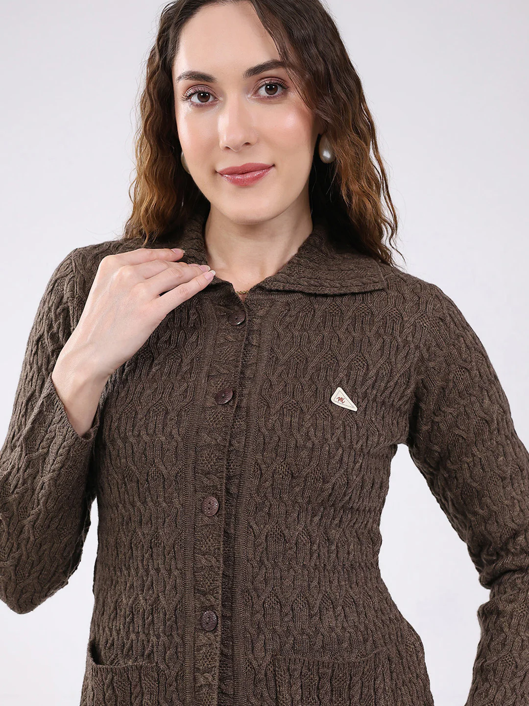 Women Brown Self Design Stand Collar Full Sleeve Cardigan - Image 7