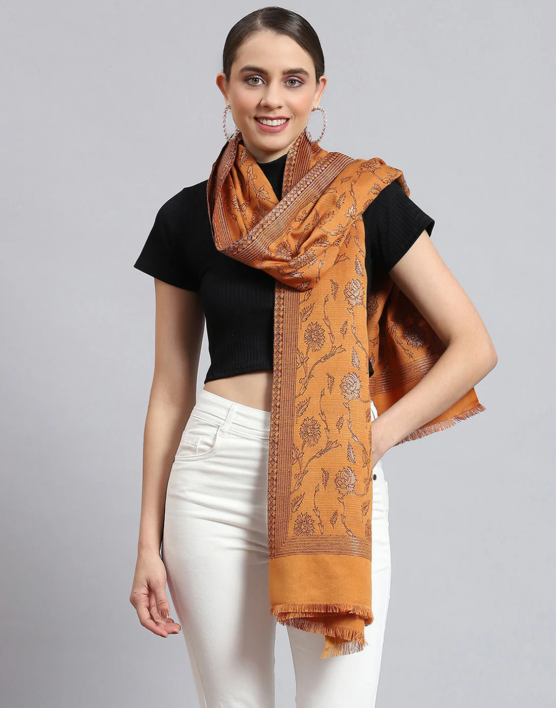 Women Brown Self Design Stole - Image 3
