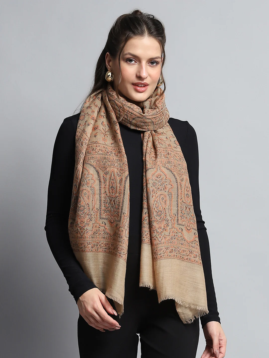 Women Brown Self Design Stole - Image 3