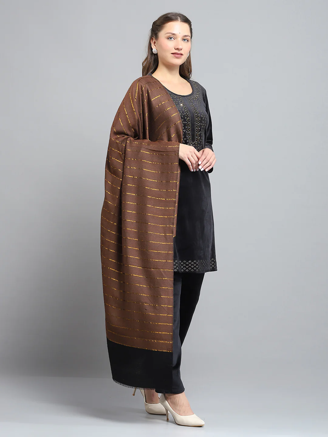 Women Brown Self Design Stole - Image 4