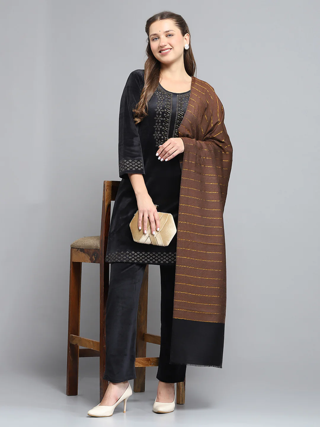 Women Brown Self Design Stole - Image 5