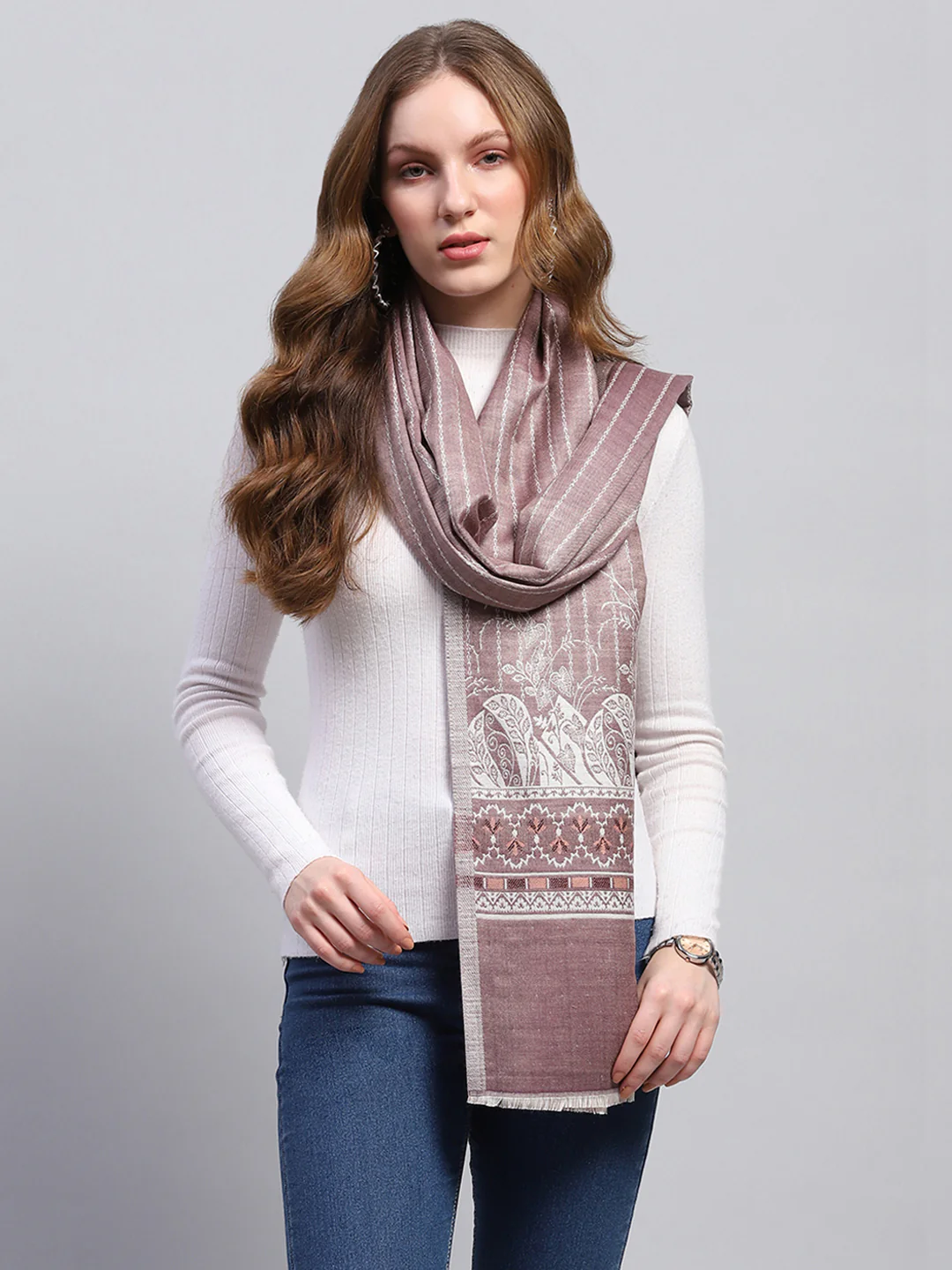 Women Brown Self Design Stole - Image 3