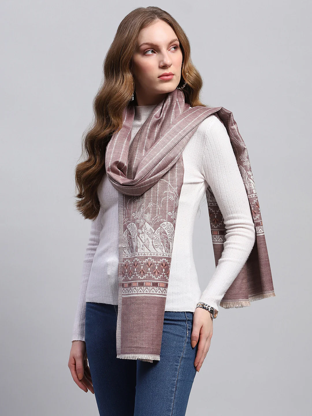 Women Brown Self Design Stole - Image 4