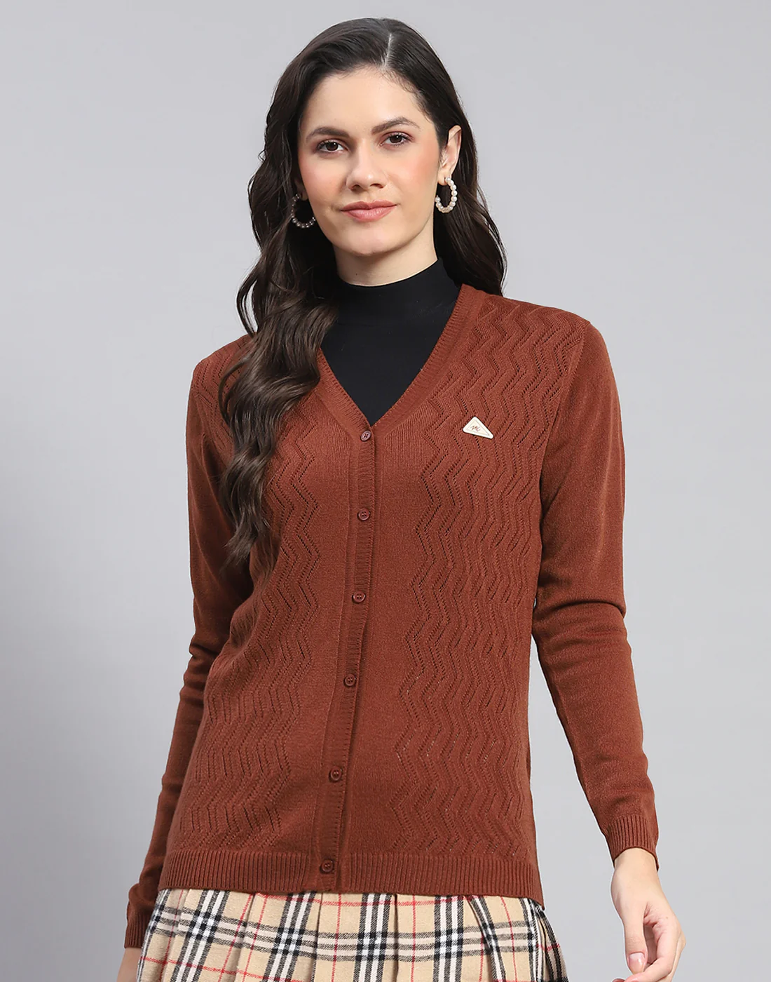 Women Brown Self Design V Neck Full Sleeve Cardigan - Image 2