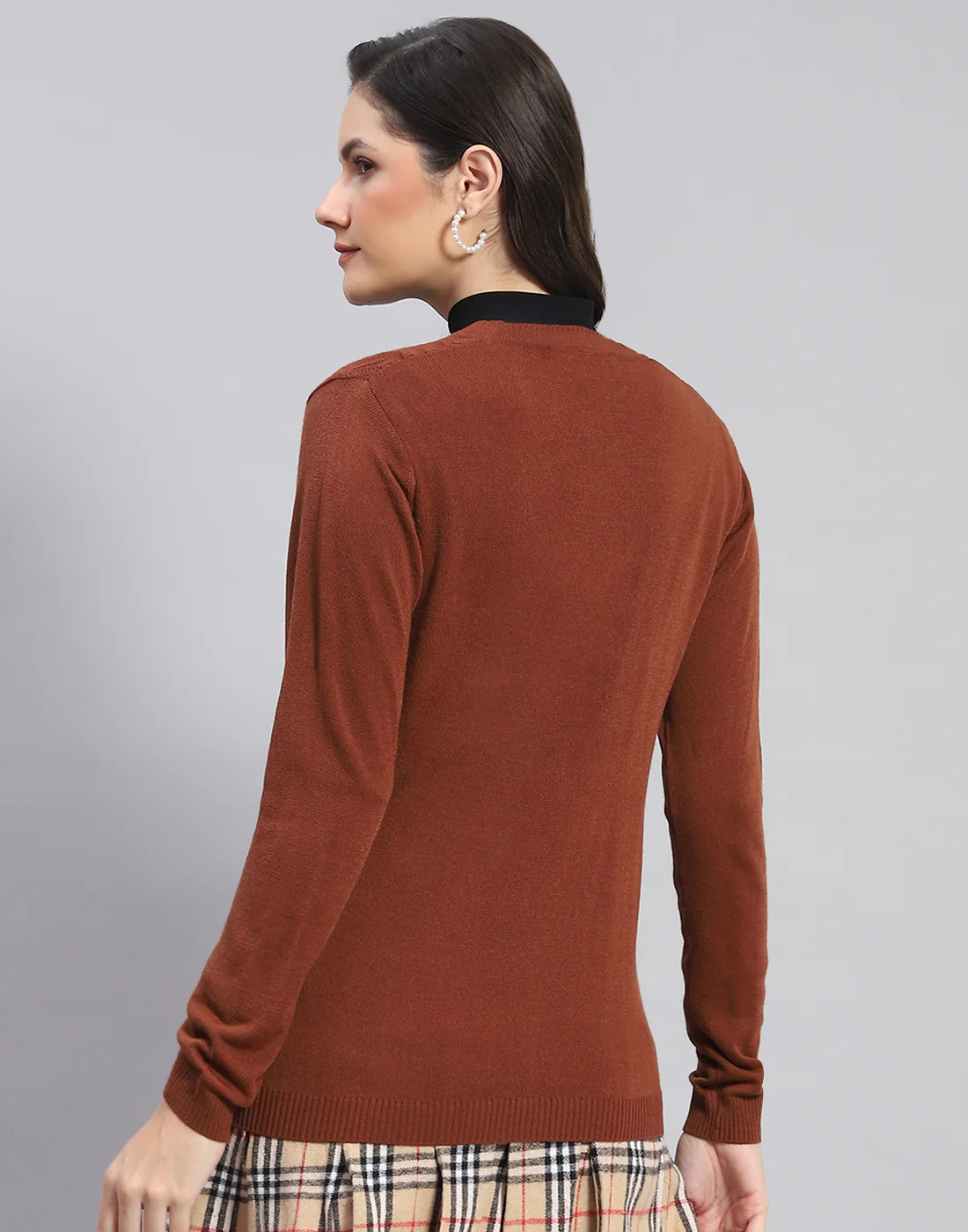 Women Brown Self Design V Neck Full Sleeve Cardigan - Image 5
