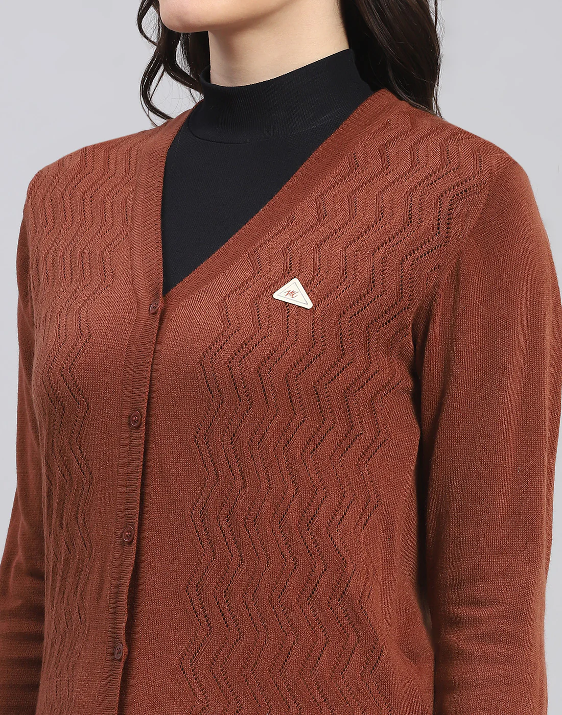 Women Brown Self Design V Neck Full Sleeve Cardigan - Image 6