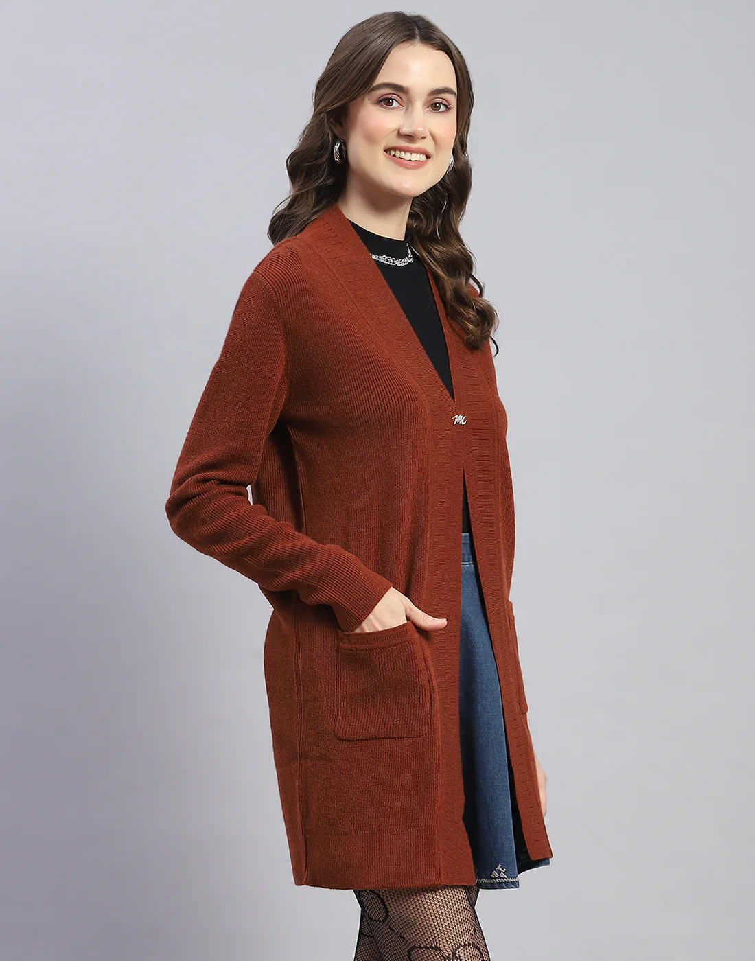 Women Brown Self Design V Neck Full Sleeve Cardigan - Image 4