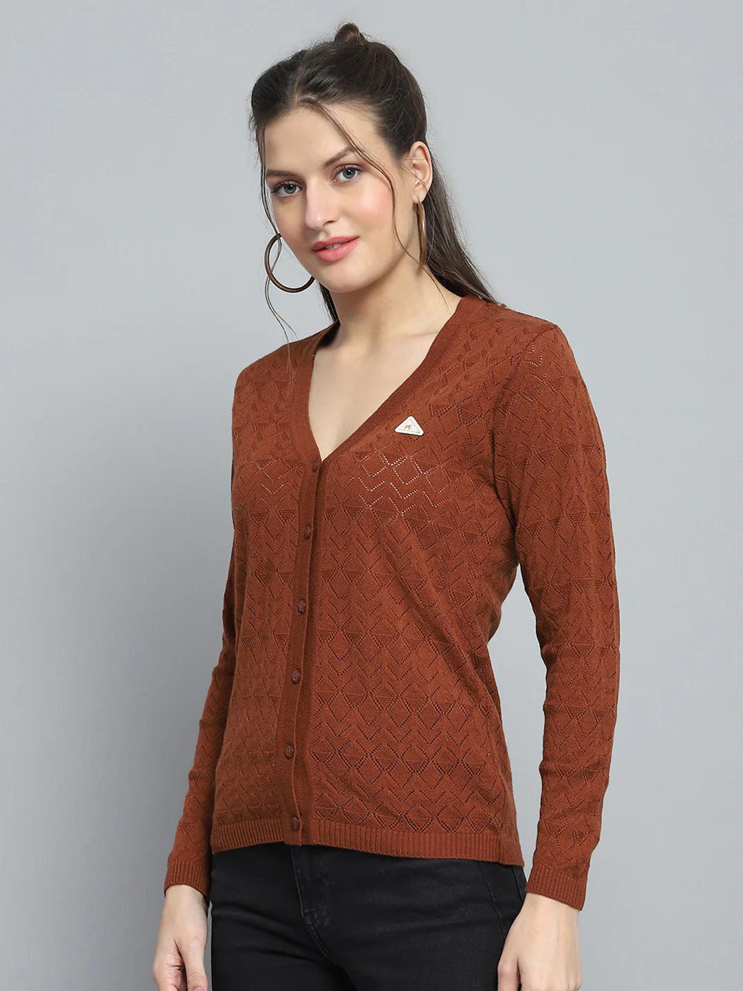 Women Brown Self Design V Neck Full Sleeve Cardigan - Image 3