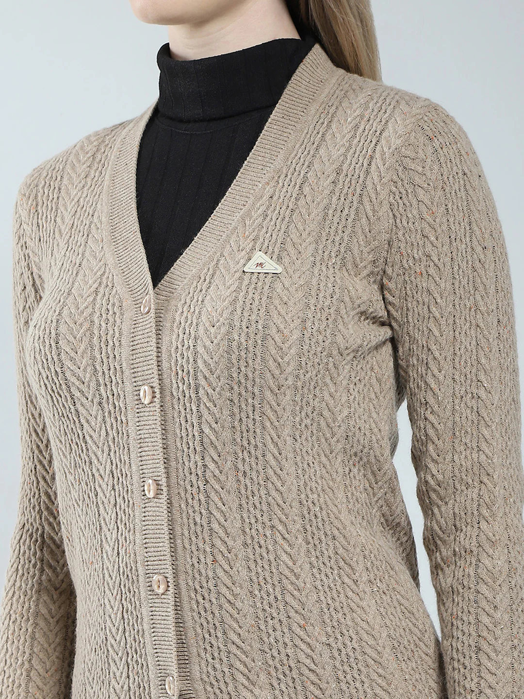 Women Brown Self Design V Neck Full Sleeve Cardigan - Image 6